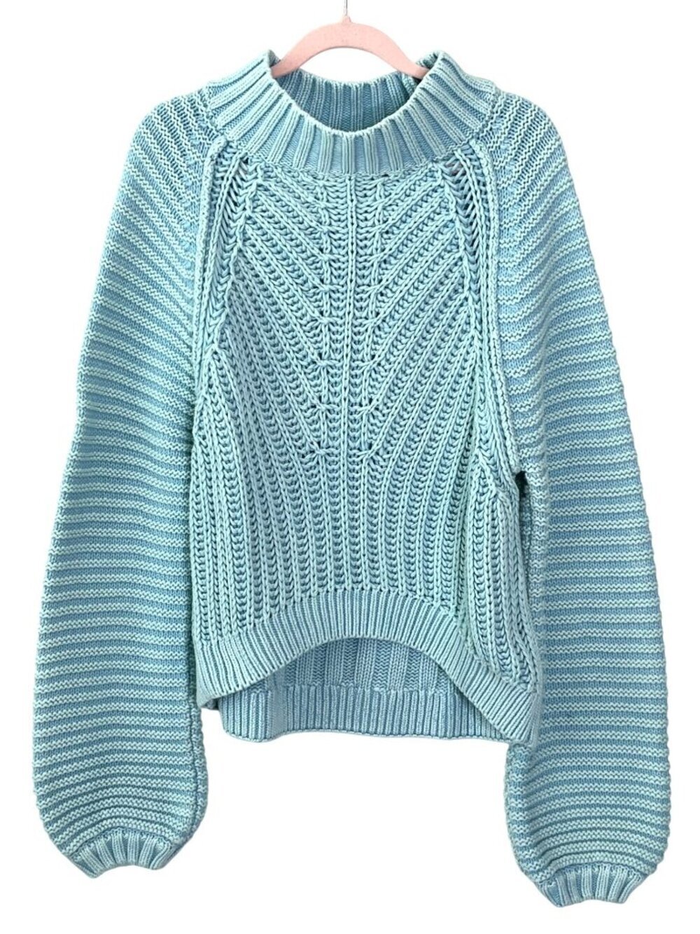 Free People Sweetheart Sweater Aqua Blue Chunky Cotton Knit Large Cozy Textured